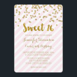 Guld Rosa Sweet 16 Födelsedagsfest inbjudan<br><div class="desc">Anpassningsbar 16:e Födelsedagsfest inbjudan i lätt pastelliserad  rosa och vit rand mönster med guld konetti och handskriven text från stil. Lägg till ditt namn och din party-information för en unik och snyggt söt 16 födelsedagsfest inbjudan.</div>