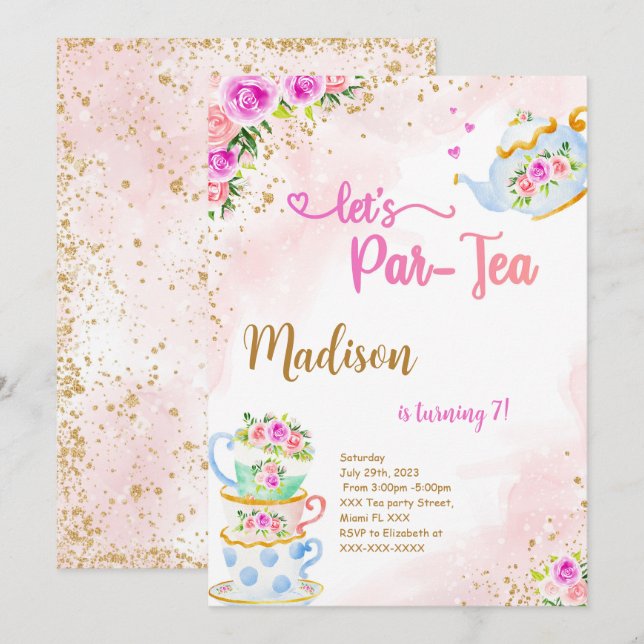 Guld & Rosa Tea Party Födelsedagsinbjudan Inbjudningar (Fram/baksida)