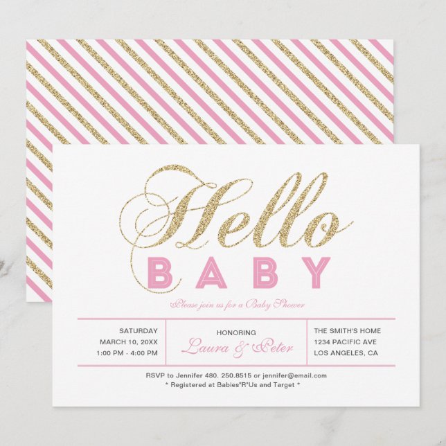 Guld & Rosa | Tjej, Modern Typografi Baby Shower Inbjudningar (Fram/baksida)