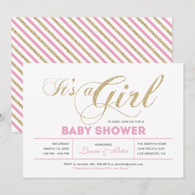 Guld & Rosa | Tjej, Modern Typografi Bebis Shower Inbjudningar (Fram/baksida)
