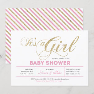 Guld & Rosa Tjej, Modern Typografi Bebis Shower Inbjudningar