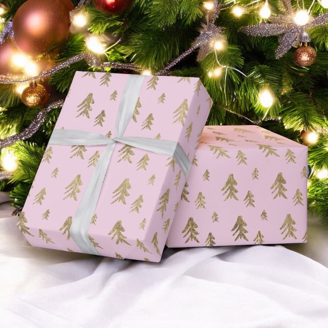 Guld rosa träd illustration av jultoma mönster presentpapper (Gold pink trees illustration christmas pattern wrapping paper)
