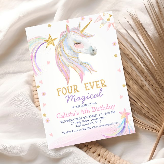 Guld Rosa Unicorn Fyra gånger magiska 4e födelseda Inbjudningar (Pastel Unicorn 4th Birthday Invitation Template, Four Ever Magical Unicorn Birthday Invitation)