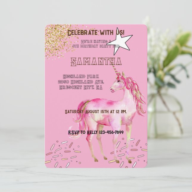 Guld Rosa Unicorn Glitter födelsedag Inbjudningar (Stående Fram)