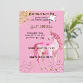 Guld Rosa Unicorn Glitter födelsedag Inbjudningar