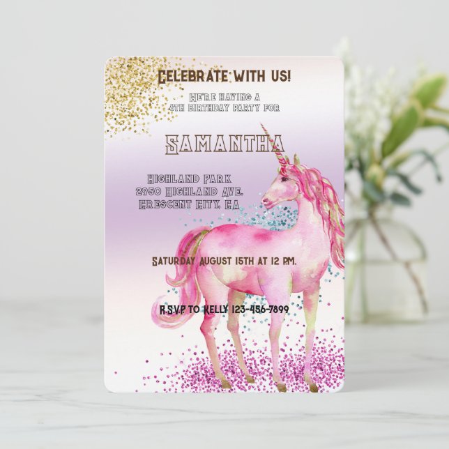 Guld Rosa Unicorn Glitter födelsedag Inbjudningar (Stående Fram)