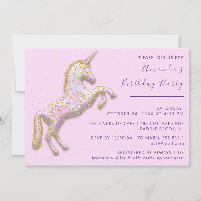 Guld Rosa Unicorn Horse Birthday Baby Shower Inbjudningar (Framsida)