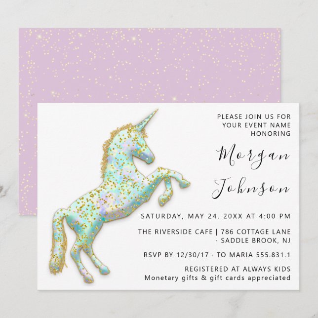Guld Rosa Unicorn Horse White Birthday Baby Shower Inbjudningar (Fram/baksida)