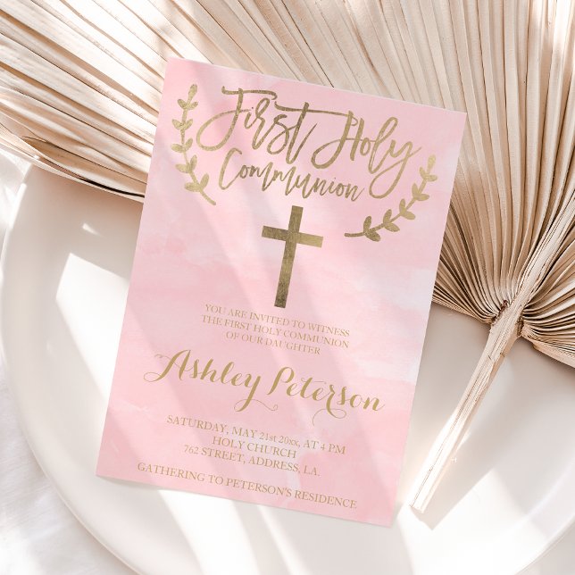 Guld  rosa vattenfärg Första Heligan Kommunision Inbjudningar (Skapare uppladdad)