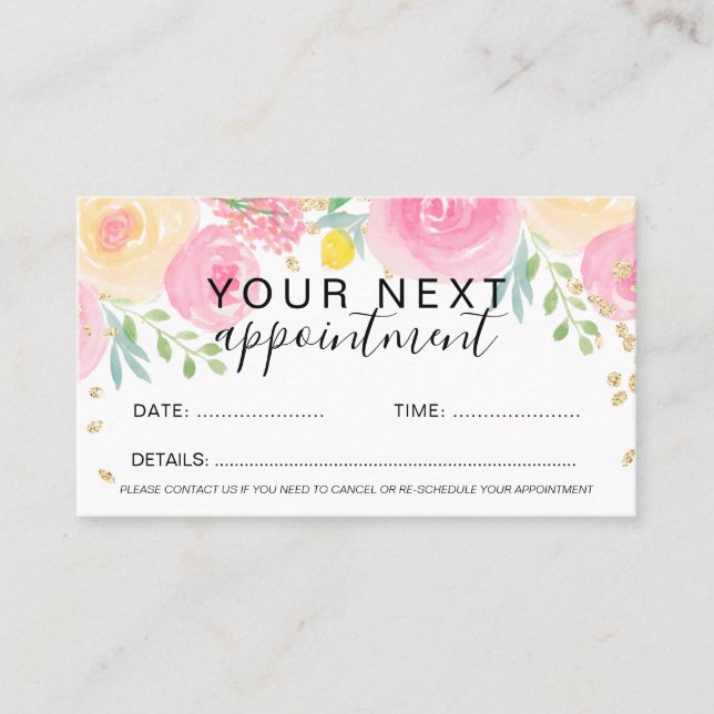 Guld rosa vattenfärgshårsmakeri löst blommigt tidsbeställning kort (Framsida)