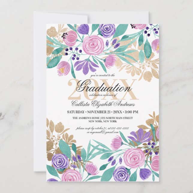 Guld Rosa Violet Blommigt Watercolor Studenten Inbjudningar (Framsida)