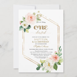 Guld Rosa White Flowers First Birthday & Baptism Inbjudningar