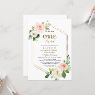 Guld Rosa White Flowers First Birthday & Baptism Inbjudningar