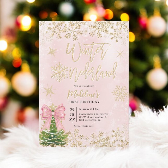 Guld Rosa Winter Wonderland First Födelsedagsfest Inbjudningar (Gold Pink Winter Wonderland First Birthday Party Invitation)