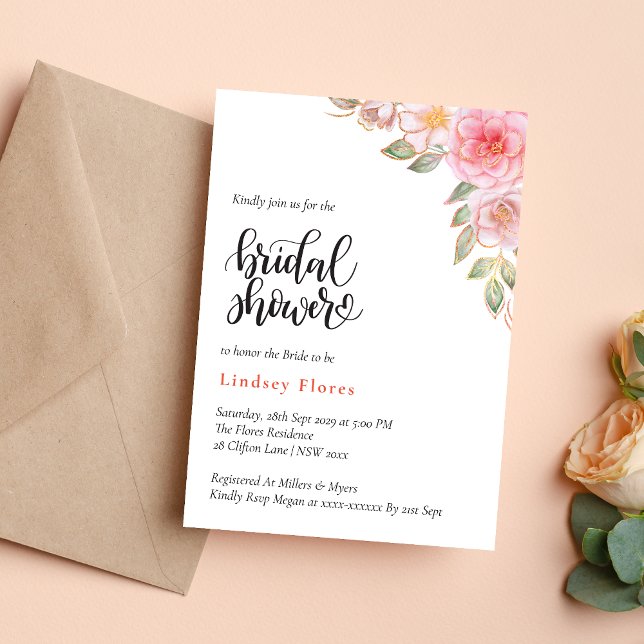 Guld Rosatonad Rosa Blommig Grönska Bröllopsdusch Inbjudningar (Gold blush pink floral greenery invitation adds romantic charm to your bridal shower)
