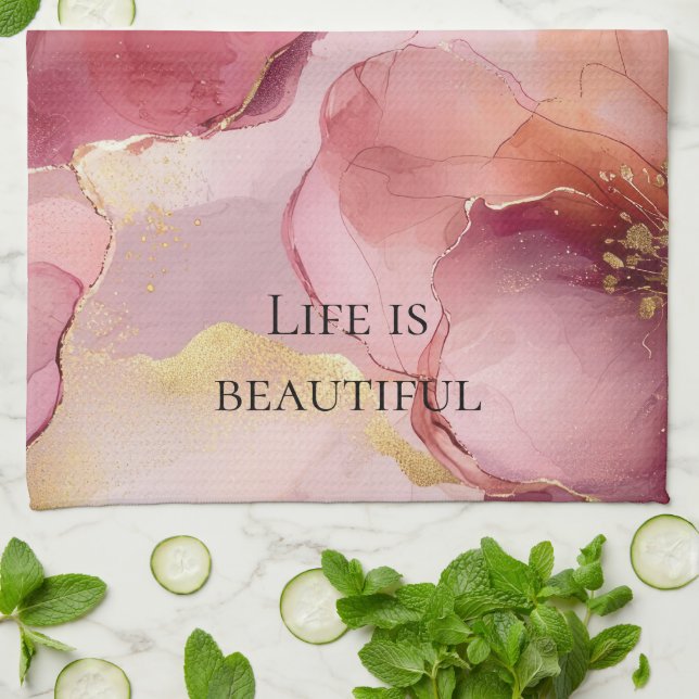 Guld Rosé Rosa Burgundy Blommig Bröllopsfest Kökshandduk (Vikta)