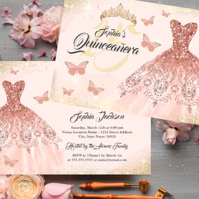 Guld Roséguld Quinceanera Fjärilsdräkt  Inbjudningar (Skapare uppladdad)