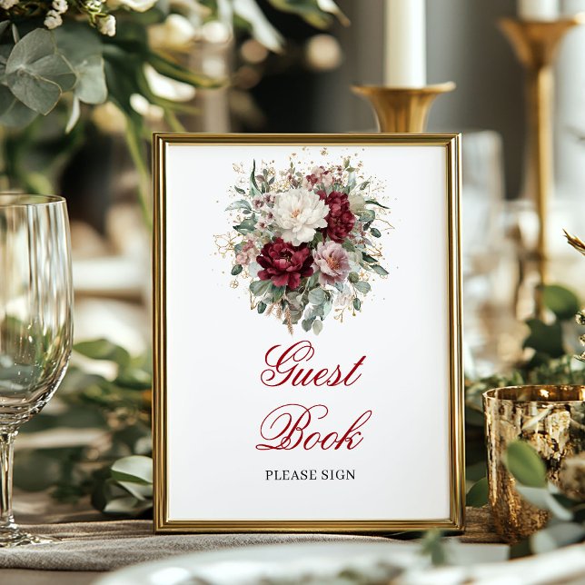 Guld Rosenskär Burgunder Gästbok 8x10 Skylt (Gold Blush Burgundy Guest Book 8x10 Sign)