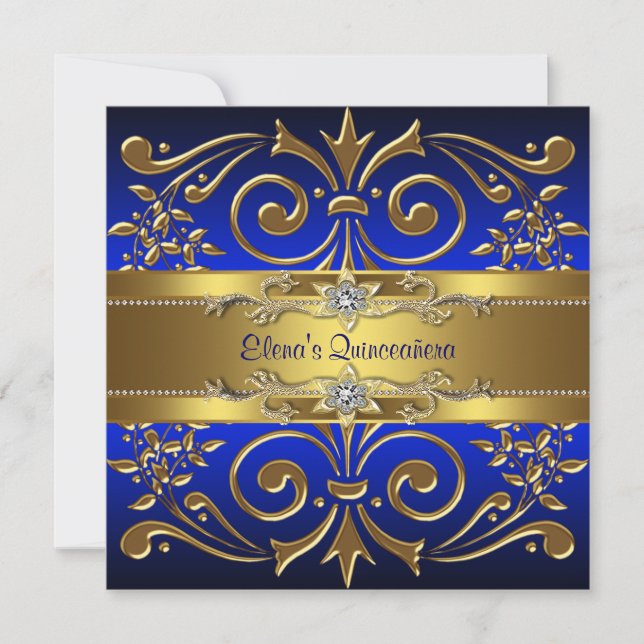 Guld Royal Blå Quinceanera-inbjudningar Inbjudningar (Framsida)