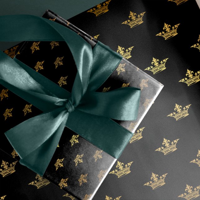 Guld Royal Black Kung Krona Heraldic Princess Presentpapper (Gold Royal Black King Crown Heraldic Princess Wrapping Paper)