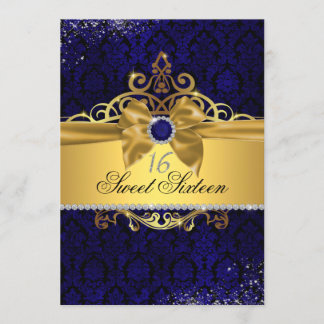 Guld Royal Blue Damask Sweet sixteen Inbjudan