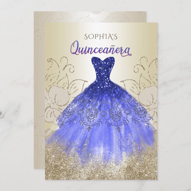 Guld Royal Blue Gnistra Dress Quinceañera Inbjudningar (Fram/baksida)