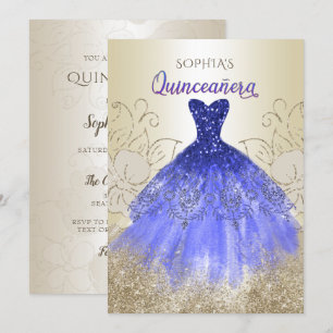 Guld Royal Blue Gnistra Dress Quinceañera Inbjudningar