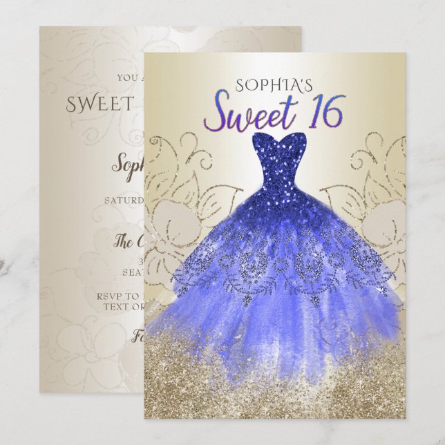 Guld Royal Blue Gnistra Dress Sweet 16 Inbjudningar (Fram/baksida)