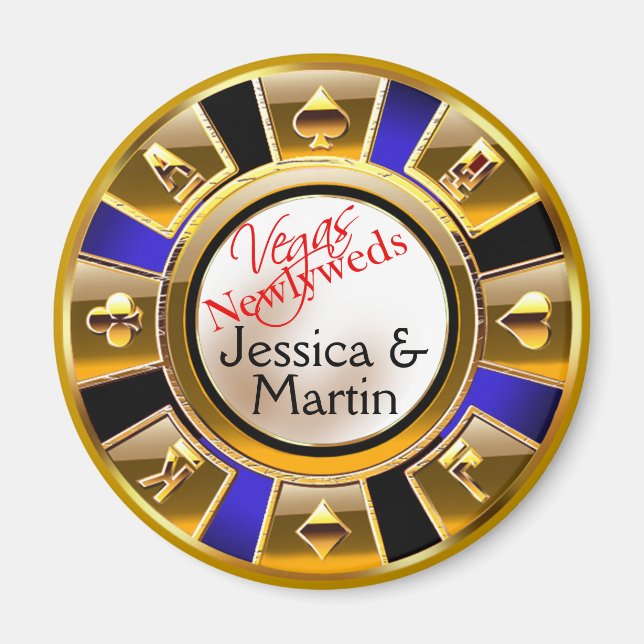 Guld & Royal Blue Vegas Casino Chip Favor Magnet (Framsidan)