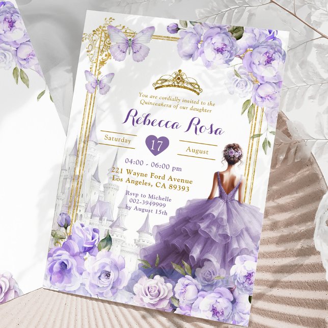 Guld Royal Castle Lila Blommigt Butterfly 15 Años Inbjudningar (Skapare uppladdad)