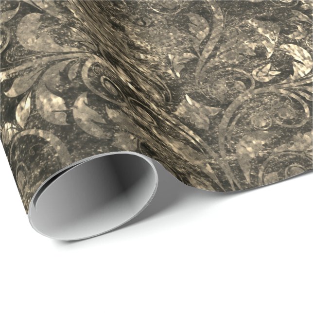 Guld Royal Damask Black Crushed Velvet Sepia Faux Presentpapper (Rullad Hörn)