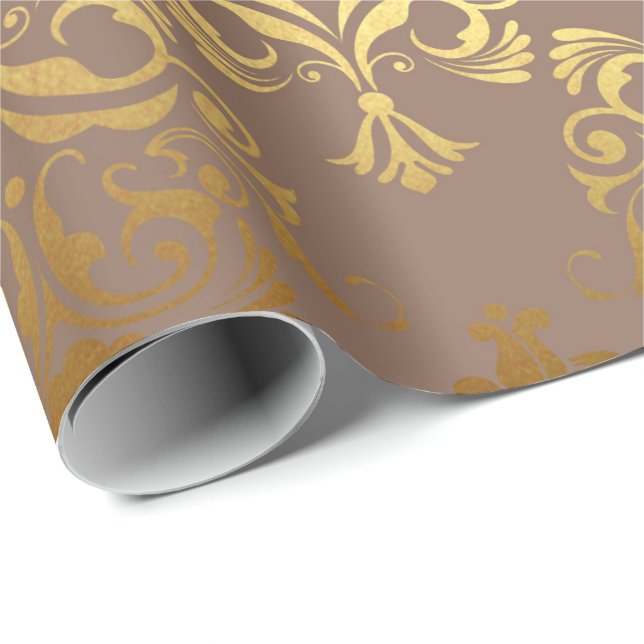 Guld Royal Damask Blommigt Ivory Beige Heraldic Presentpapper (Rullad Hörn)