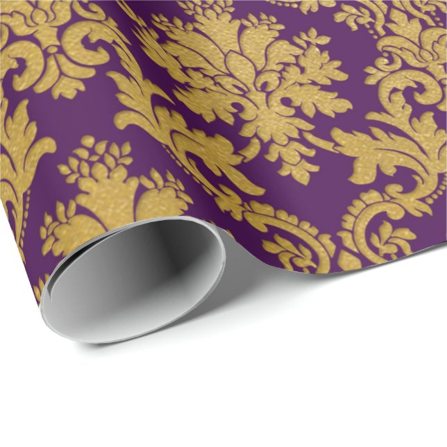 Guld Royal Damask Blommigt Lila  Plum Baroque Presentpapper (Rullad Hörn)