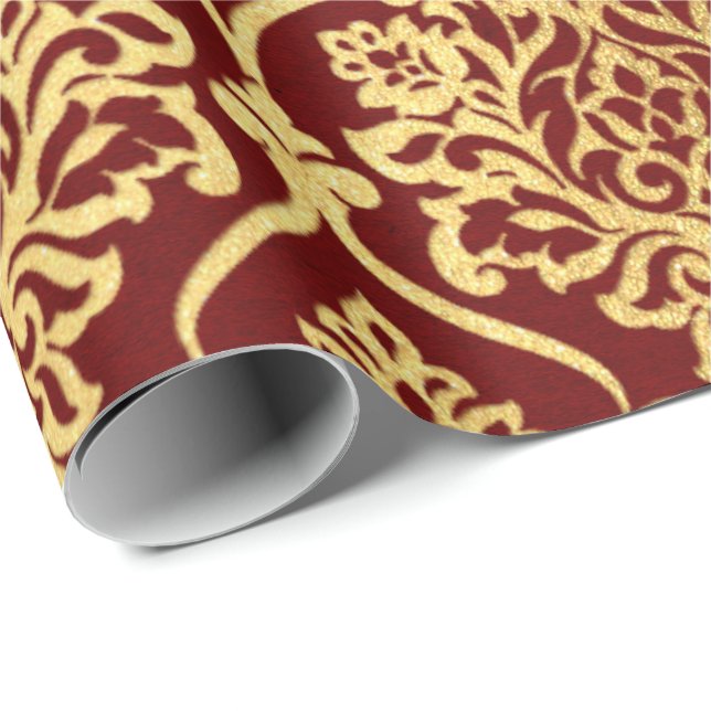 Guld Royal Damask Blommigt Maron Burgundy Luxury Presentpapper (Rullad Hörn)