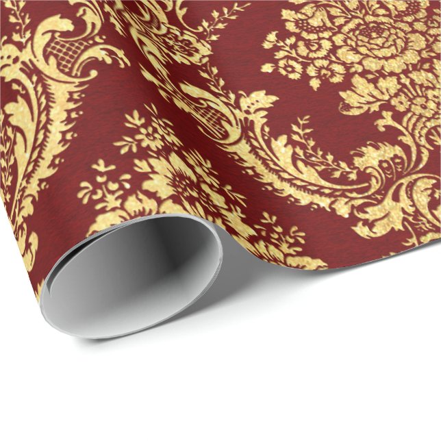 Guld Royal Damask Blommigt Maroon Burgundy Red Lux Presentpapper (Rullad Hörn)
