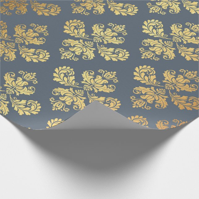 Guld Royal Damask Blommigt Ornament Blue Grått Bar Presentpapper (Hörn)