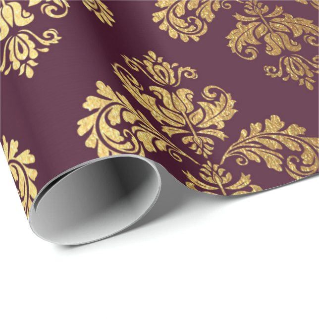 Guld Royal Damask Blommigt Ornament Burgundy Baroq Presentpapper (Rullad Hörn)