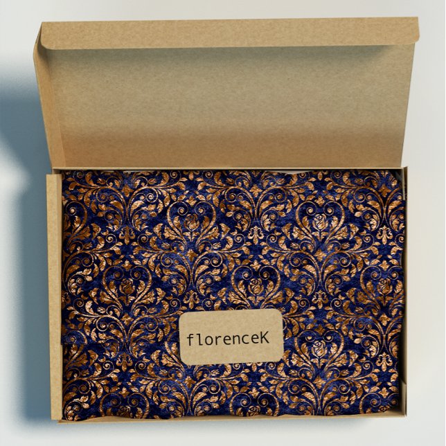 Guld Royal Damask Cruzed Velvet Blue Navy Copper Presentpapper (Gold Royal Damask Crushed Velvet Blue Navy Copper Wrapping Paper)