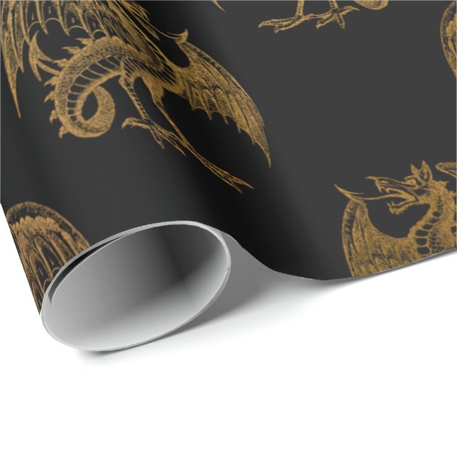 Guld Royal Dragon Kung Krona Black Noir Heraldic Presentpapper (Rullad Hörn)