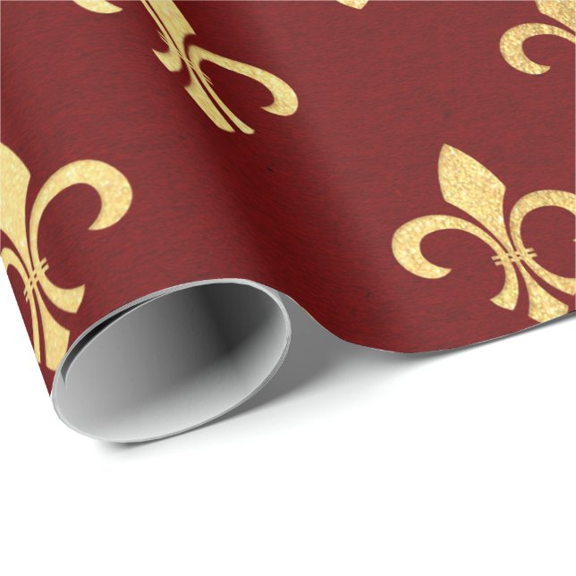 Guld Royal Fior De Lise Heraldic Burgundy Maroon Presentpapper (Rullad Hörn)