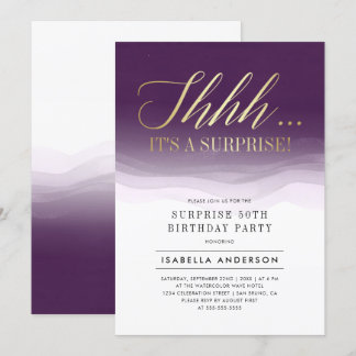 Guld & Royal Lila Watercolor Surprise Birthday Inbjudningar