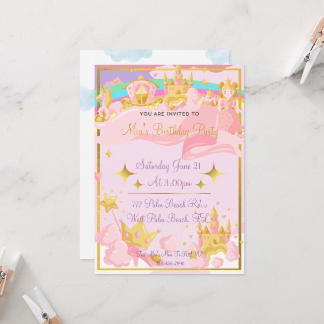 Guld Royal Princess Castle Girls Princess Birthday Inbjudningar (Fram/Back In Situ)