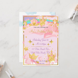 Guld Royal Princess Castle Girls Princess Birthday Inbjudningar