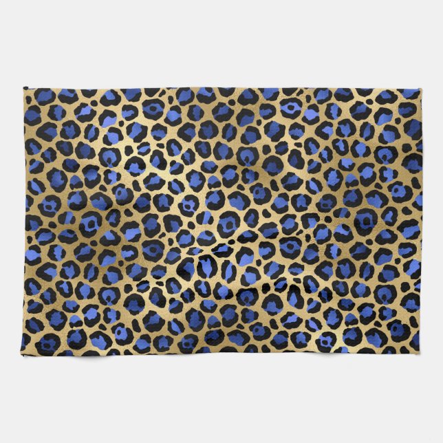 Guld & Royalblå Glam Leopardfläckar Tryck Kökshandduk (Horisontell)
