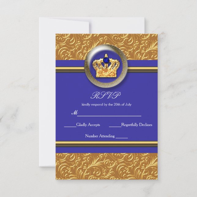 Guld & Royalblå Kron Elegant Evenemangs-RSVP-Kort OSA Kort (Framsida)