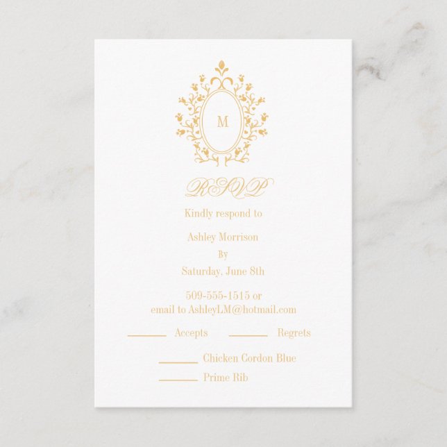 Guld RSVP-kort Monogram med 2 menyval Tilläggskort (Framsida)