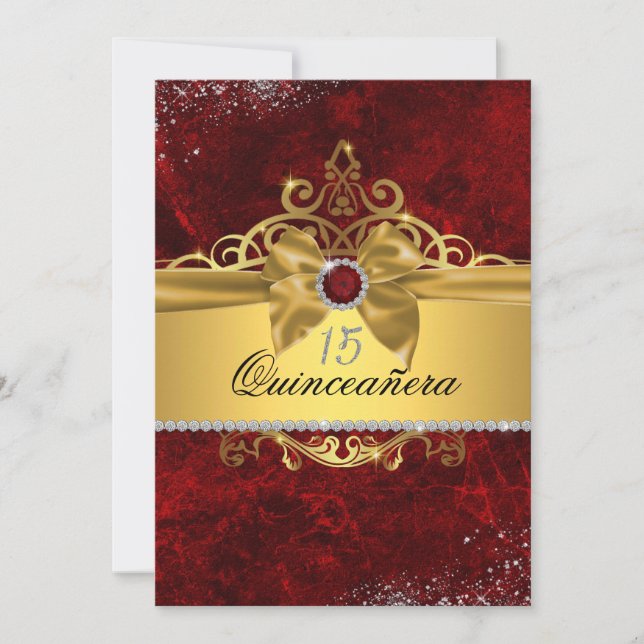 Guld Ruby Röd Quinceanera Inbjudan (Framsida)