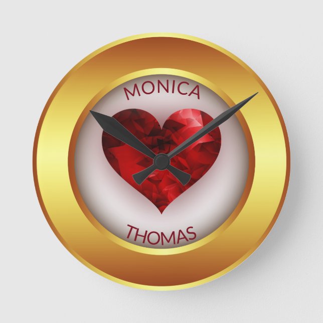 Guld runt Ram och rött hjärta Rund Klocka (Framsida)