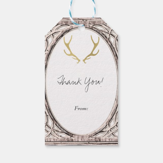Guld Rustic Antlers Glam Farmhouse Wedding Favor Presentetikett (Baksidan)