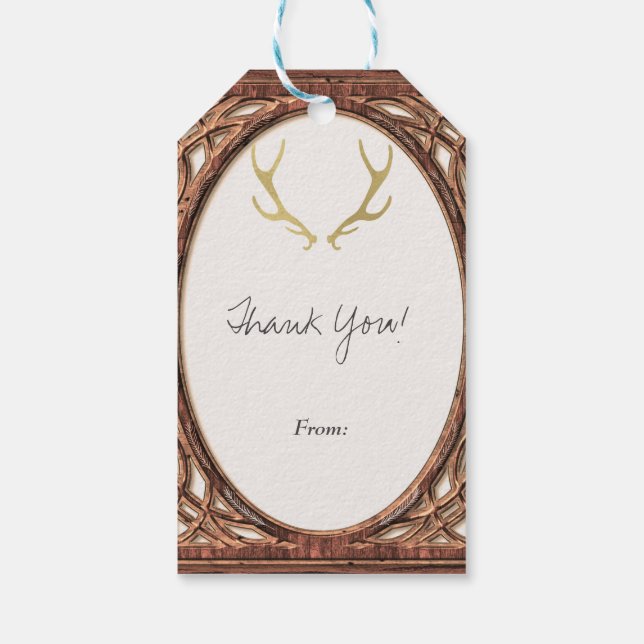 Guld Rustic Antlers Glam Farmhouse Wood Bröllop Presentetikett (Baksidan)
